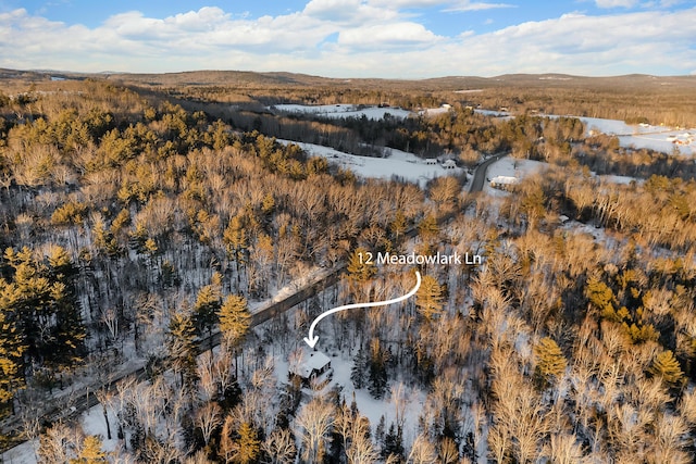 snowy aerial view with a mountain view