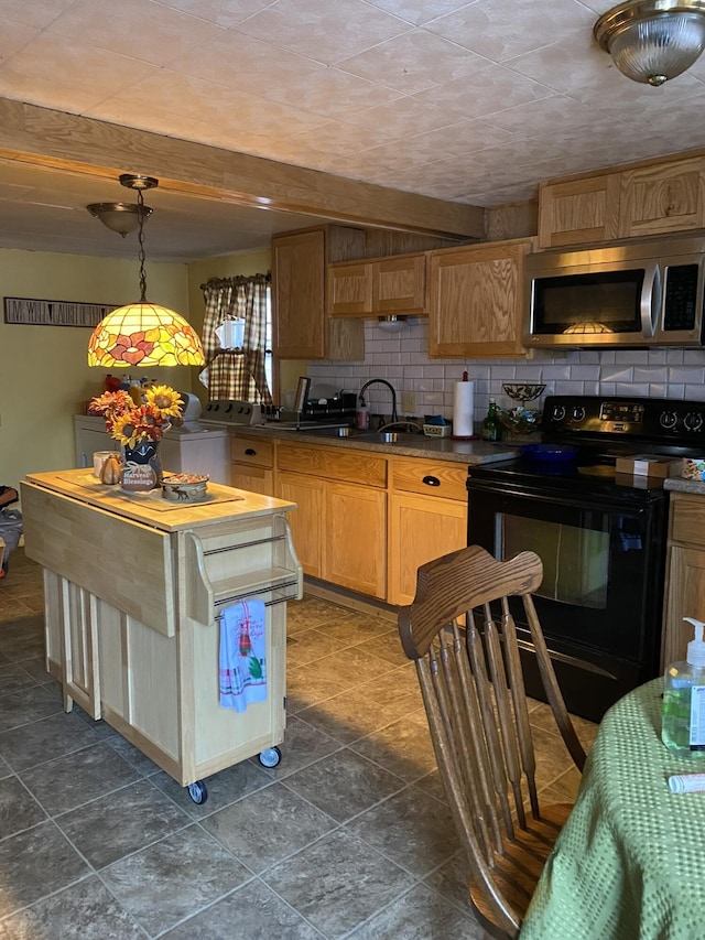 kitchen featuring beam ceiling, sink, hanging light fixtures, black electric range oven, and backsplash