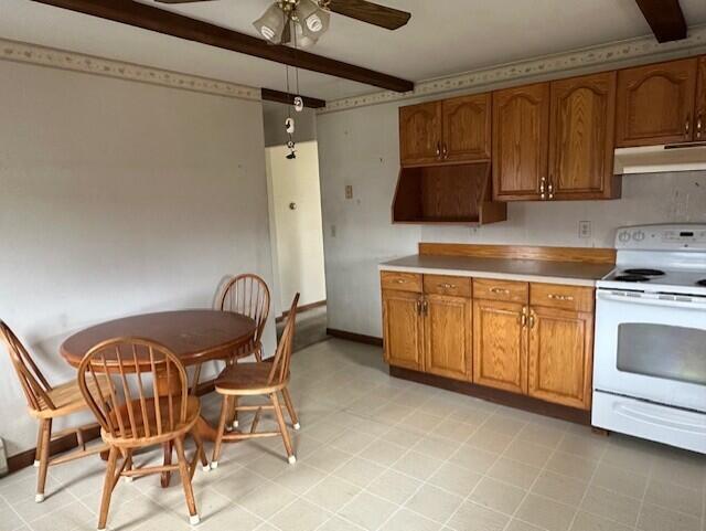 kitchen featuring white range with electric cooktop, ceiling fan, and beamed ceiling