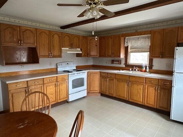 kitchen with ceiling fan, white appliances, and sink