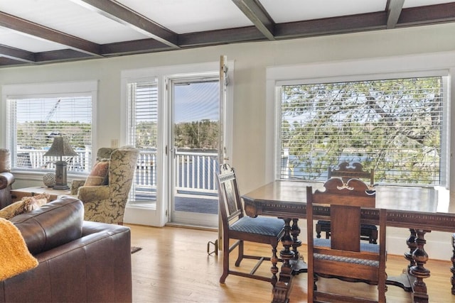 dining area with beamed ceiling and light hardwood / wood-style floors