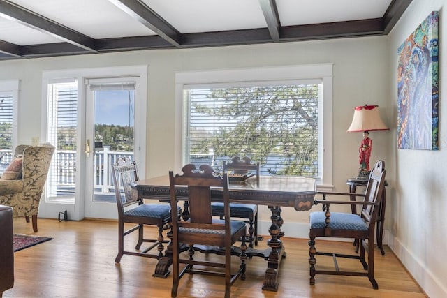 dining space with a wealth of natural light, beamed ceiling, and light hardwood / wood-style floors