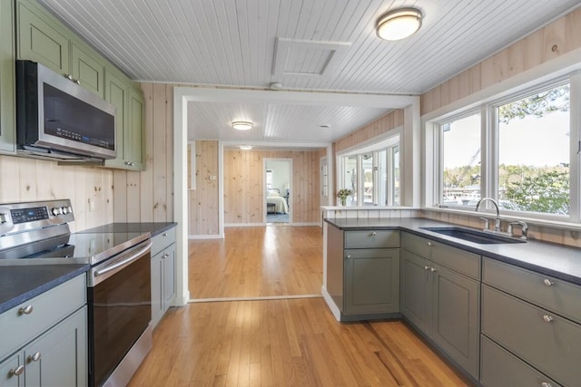 kitchen featuring light wood-type flooring, stainless steel appliances, wooden walls, sink, and green cabinets