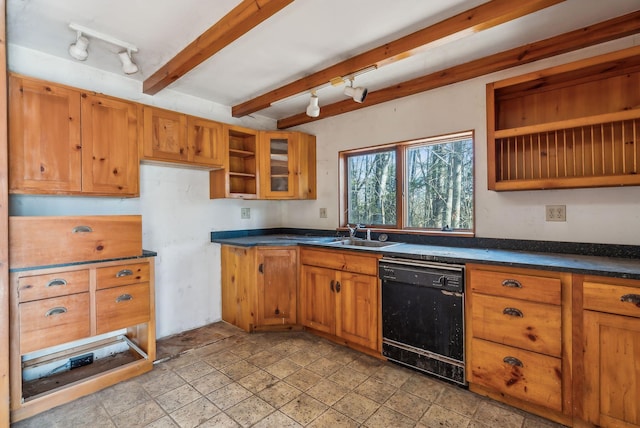 kitchen with beam ceiling, black dishwasher, and sink