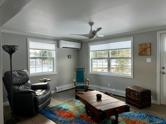 sitting room with hardwood / wood-style floors, a baseboard heating unit, an AC wall unit, ceiling fan, and ornamental molding