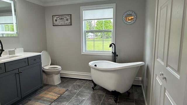 1063 Main St, Saint Francis, ME 04773 - full bathroom with vanity, a freestanding bath, plenty of natural light, and crown molding