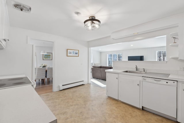 kitchen featuring dishwasher, a baseboard heating unit, sink, white cabinetry, and stove