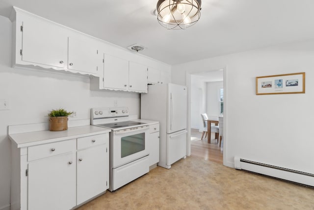 kitchen with white appliances, white cabinetry, and baseboard heating