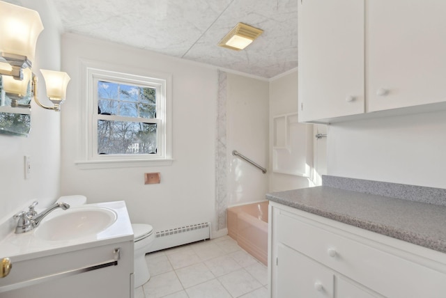 full bathroom with toilet, tile patterned floors, vanity, bathing tub / shower combination, and a baseboard radiator