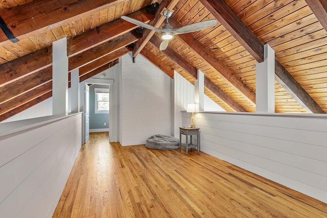 bonus room with lofted ceiling with beams, wood walls, light wood-type flooring, and wood ceiling