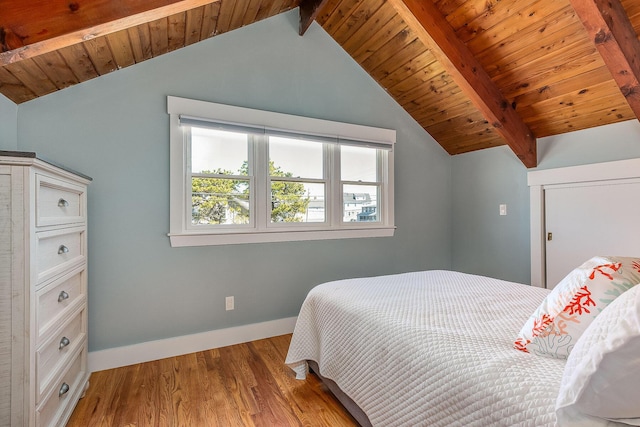 bedroom featuring lofted ceiling with beams, light hardwood / wood-style floors, and wood ceiling