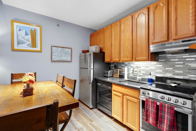 kitchen with stainless steel appliances, tasteful backsplash, light hardwood / wood-style floors, and sink