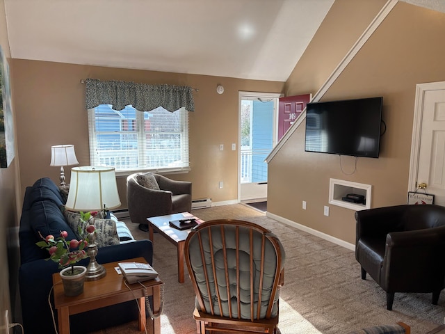 living room with lofted ceiling, light carpet, and baseboard heating