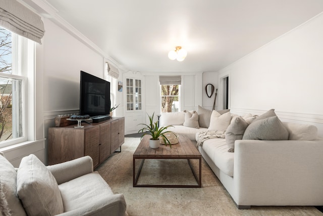 living room with crown molding