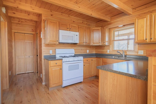 kitchen featuring light wood-type flooring, wood ceiling, white appliances, sink, and beam ceiling