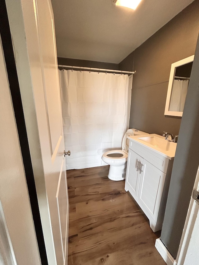 bathroom with vanity, toilet, wood-type flooring, and walk in shower