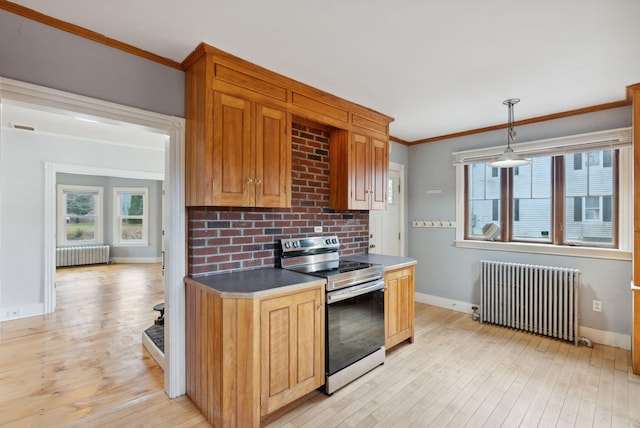 kitchen featuring decorative light fixtures, light hardwood / wood-style floors, stainless steel electric range oven, and radiator