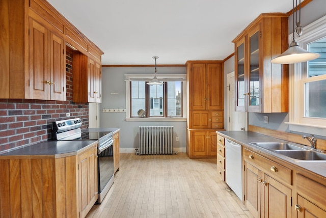 kitchen featuring radiator, sink, crown molding, white dishwasher, and stainless steel range with electric stovetop