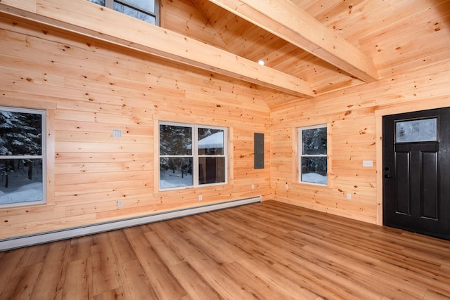 foyer with wood-type flooring, a baseboard heating unit, beam ceiling, wood ceiling, and wooden walls