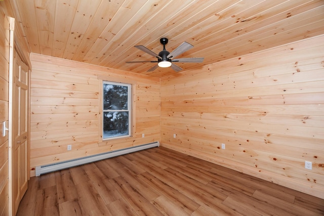 unfurnished room with hardwood / wood-style floors, wooden ceiling, baseboard heating, ceiling fan, and wood walls