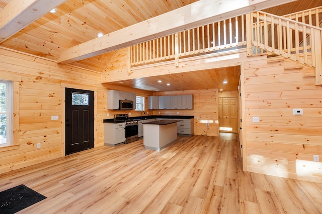 kitchen featuring light hardwood / wood-style floors, gray cabinetry, a kitchen island, stainless steel appliances, and wood walls