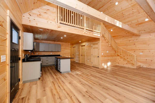 kitchen with a center island, wooden walls, sink, wooden ceiling, and gray cabinetry