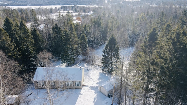 drone / aerial view featuring a view of trees