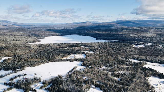 snowy aerial view with a mountain view