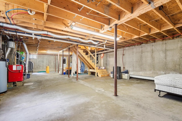 17 Saddleback Vw, Rangeley, ME 04970 - unfinished basement featuring stairs, baseboard heating, and water heater