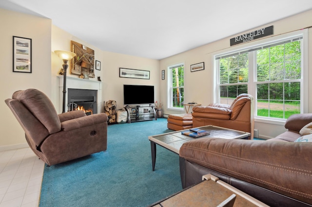 17 Saddleback Vw, Rangeley, ME 04970 - living area featuring a warm lit fireplace, a baseboard heating unit, baseboards, and carpet floors