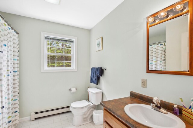 17 Saddleback Vw, Rangeley, ME 04970 - bathroom featuring a baseboard heating unit, vanity, toilet, curtained shower, and baseboards
