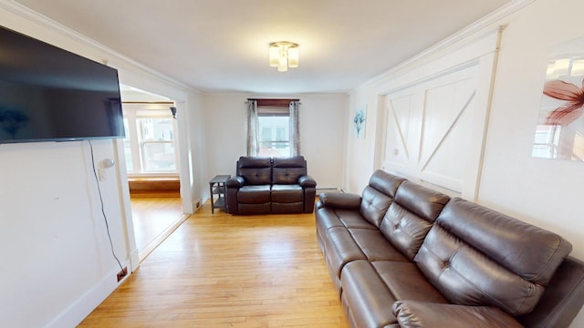 living room featuring light hardwood / wood-style floors and ornamental molding