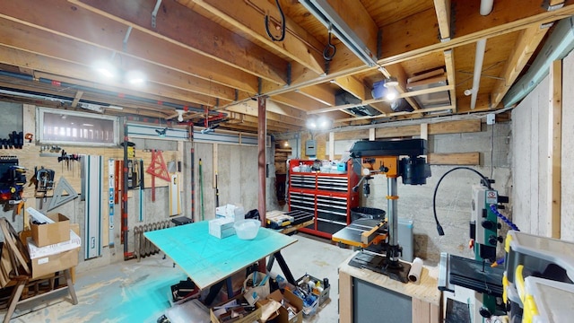 basement featuring a workshop area