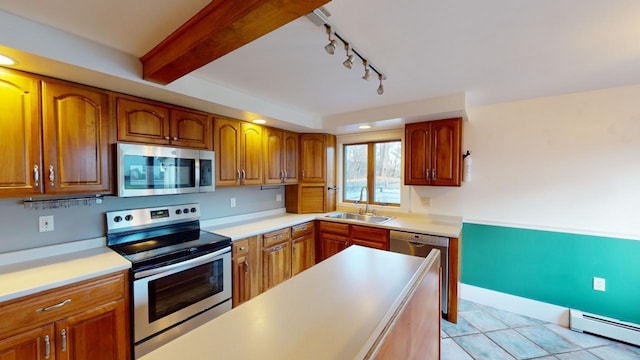 kitchen with rail lighting, sink, a baseboard radiator, beam ceiling, and stainless steel appliances