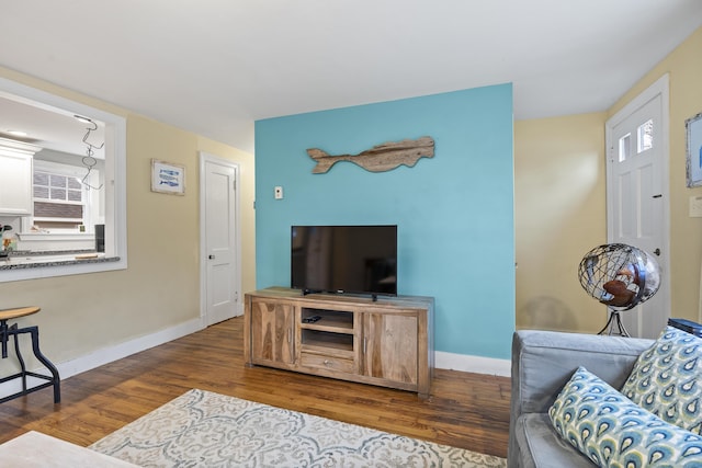 living room with dark hardwood / wood-style floors