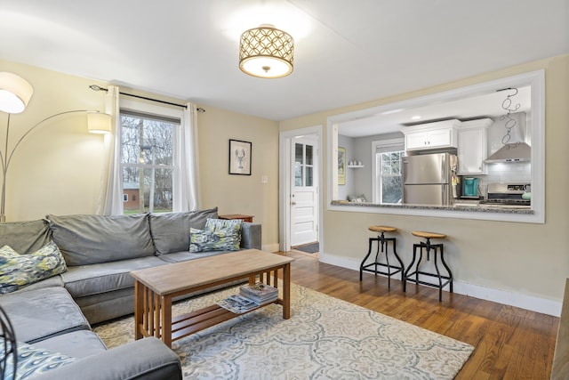 living room with plenty of natural light and dark hardwood / wood-style floors