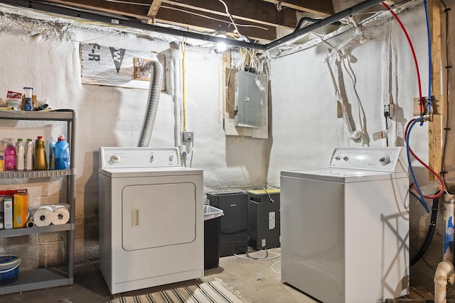 washroom with electric panel and washing machine and clothes dryer