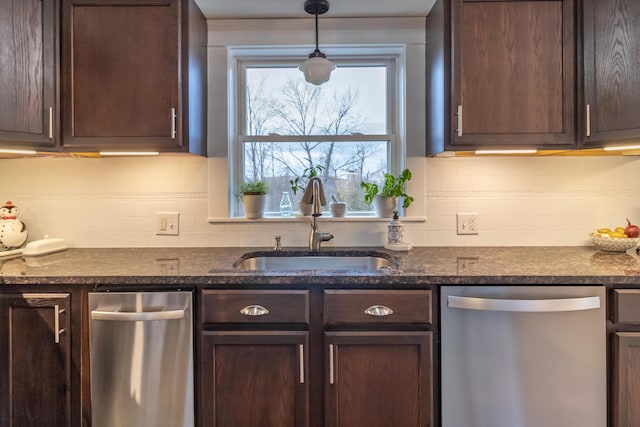 kitchen featuring dishwasher, sink, tasteful backsplash, decorative light fixtures, and dark brown cabinets