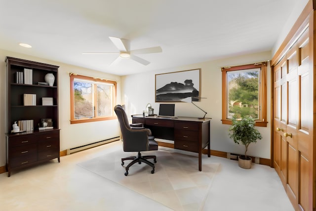 home office featuring a healthy amount of sunlight, ceiling fan, and a baseboard heating unit