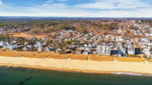 bird's eye view with a beach view and a water view