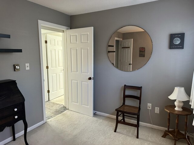 sitting room featuring light carpet