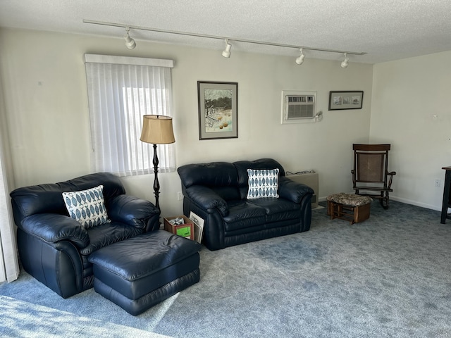 living room featuring carpet, a textured ceiling, rail lighting, and a wall unit AC