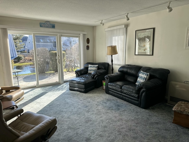 carpeted living room featuring a textured ceiling, rail lighting, and plenty of natural light