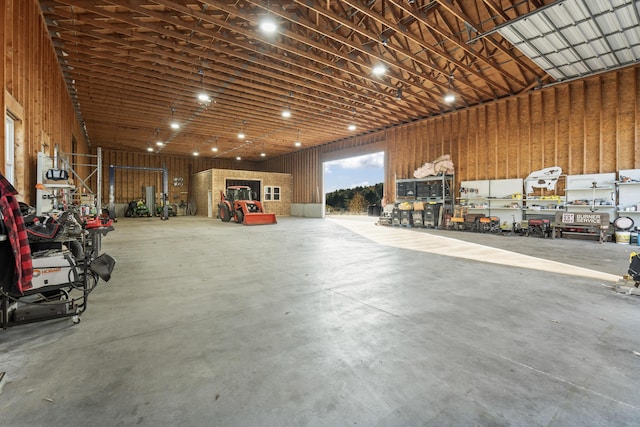 garage with a workshop area