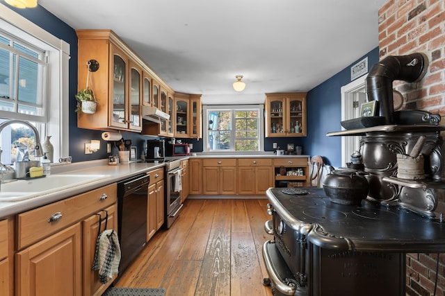 kitchen featuring black dishwasher, light wood-style floors, light countertops, stainless steel range with electric stovetop, and a sink