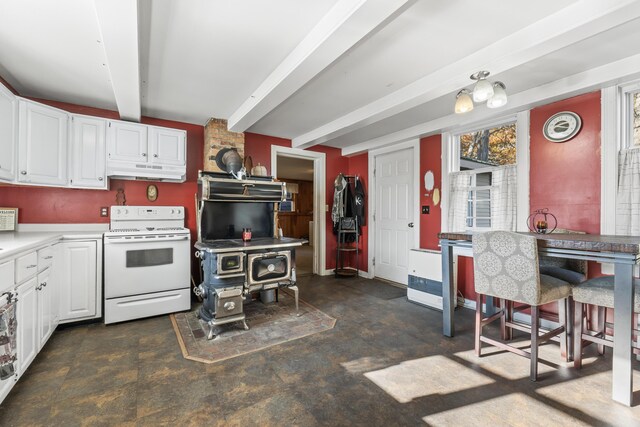 kitchen featuring electric stove, beamed ceiling, white cabinetry, and under cabinet range hood