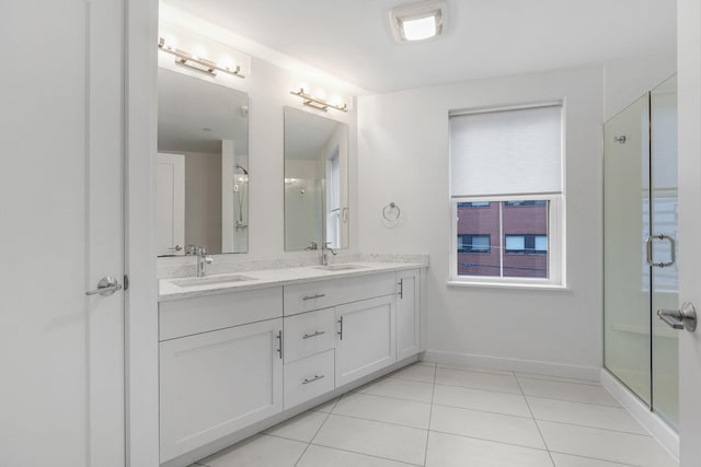 bathroom featuring tile patterned flooring, vanity, and walk in shower