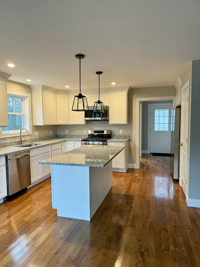 kitchen with wood-type flooring, appliances with stainless steel finishes, decorative light fixtures, and sink