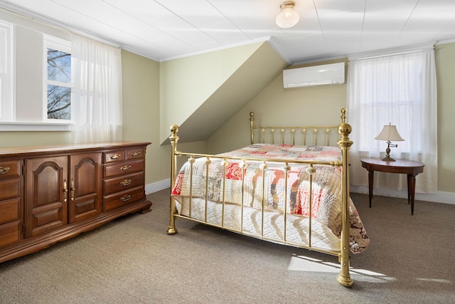 bedroom featuring an AC wall unit, carpet floors, and ornamental molding