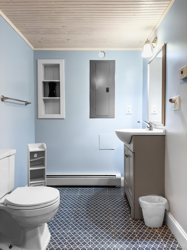 bathroom with a baseboard heating unit, electric panel, toilet, vanity, and ornamental molding